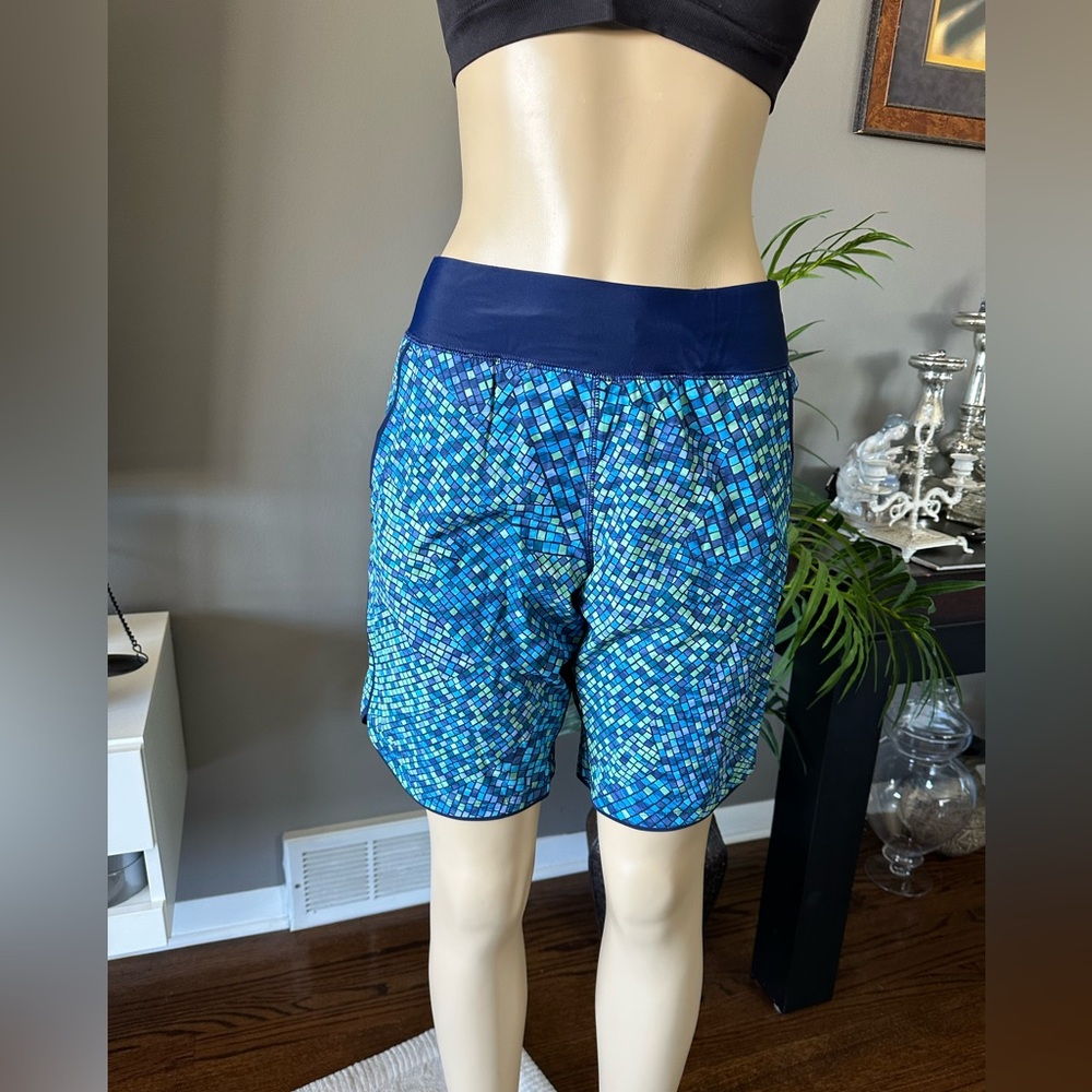 Lands End Women's 8 Swim Shorts w/Panty Quick Dry Pockets Blue Geometric Modest